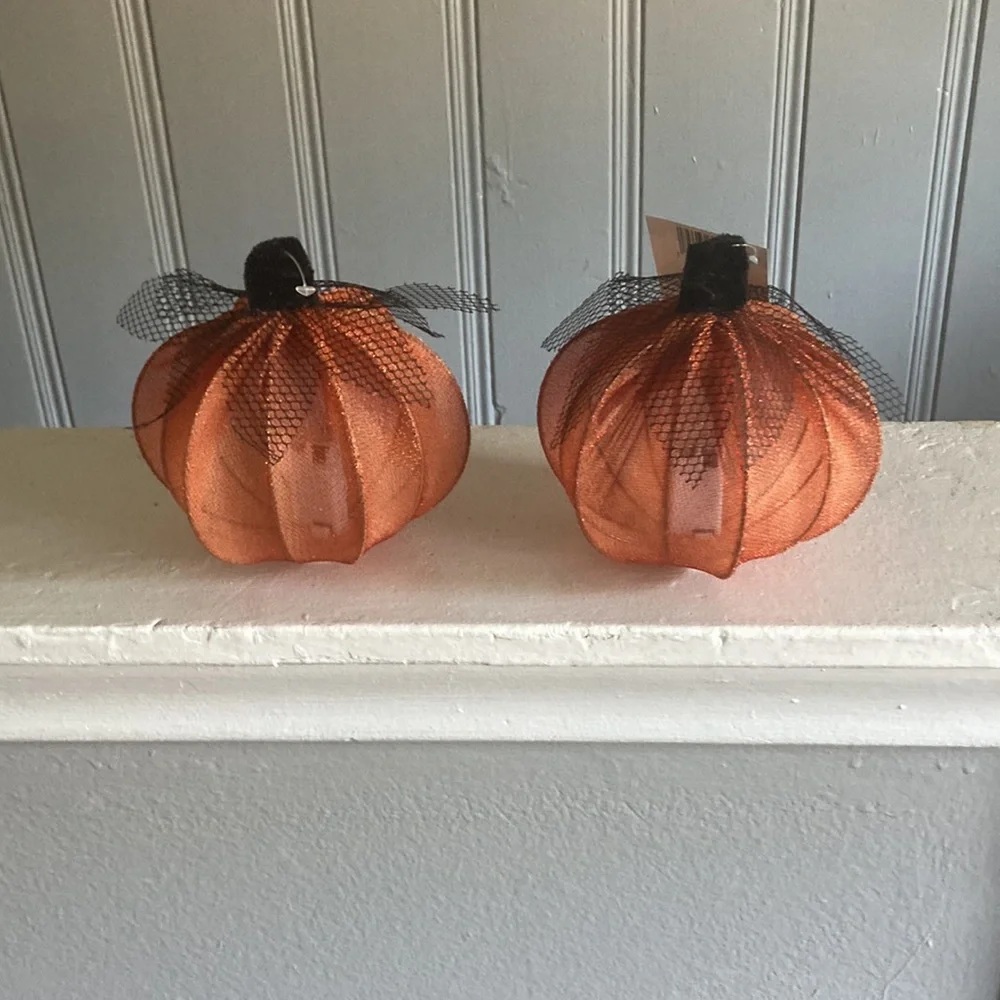 NWT- 2- Elegant Orange Lace Covered Light Up LED Halloween Pumpkin Decorations